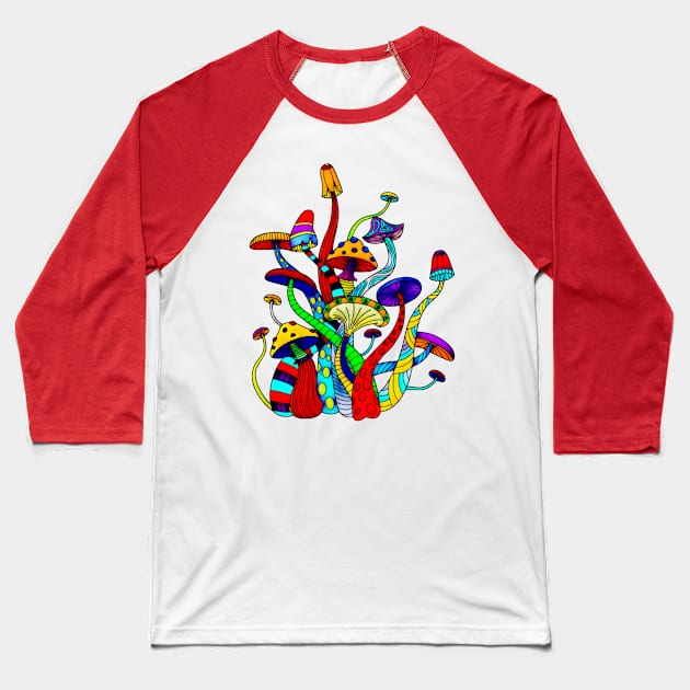 Colorful Mushroom Vintage Art Baseball T-Shirt by AlondraHanley